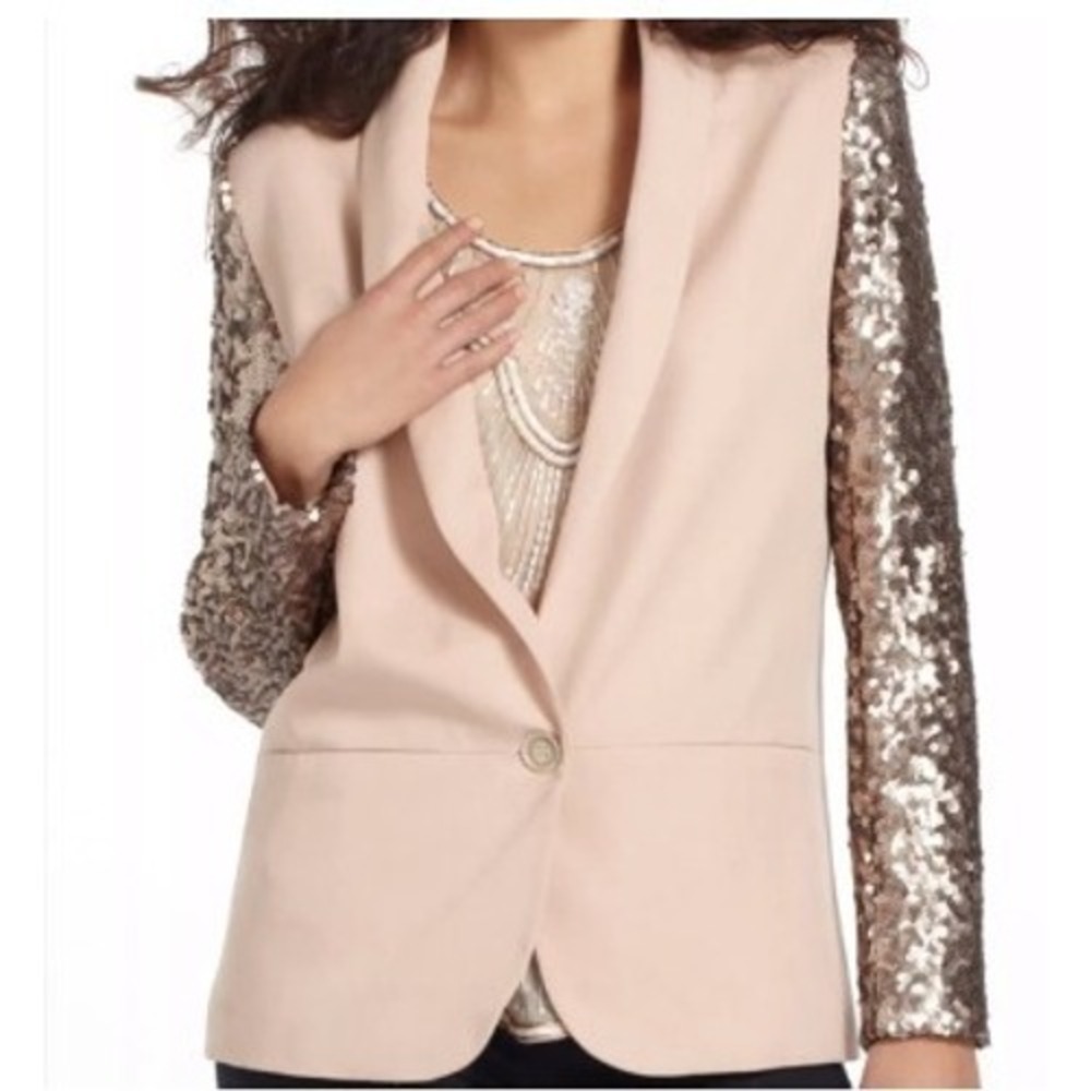 Elevenses Anthropologie Sequin Sleeve Size 2 Blush Pink Single Button Glam NWOT